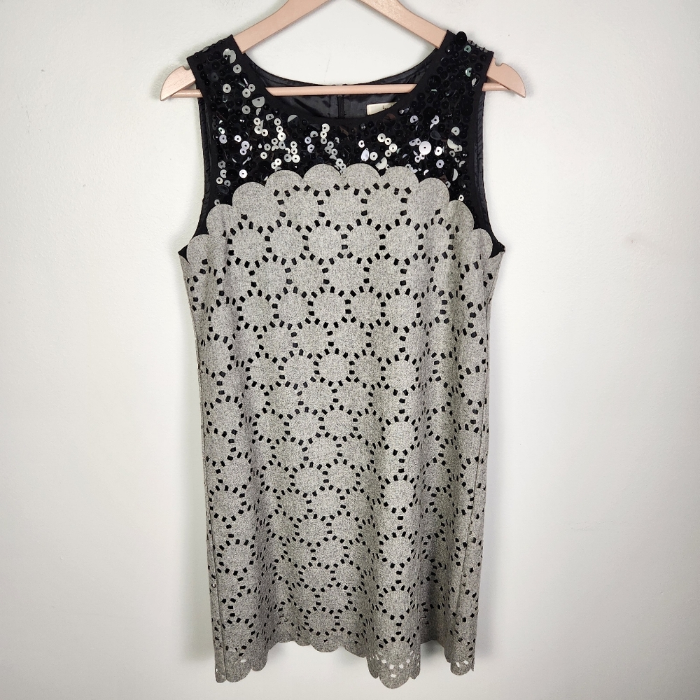 Hazel Anthropologie Gray Wool Blend Shift Dress‎ with Black Sequins Size L #693